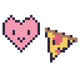 Pixel art Cœur kawaii 16 × 16 et Pizza kawaii 16 × 16, grille 32 × 32