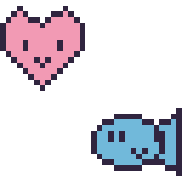 Pixel art Cœur kawaii 16 × 16 et Poisson kawaii 16 × 16, grille 32 × 32