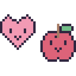 Pixel art Cœur kawaii 16 × 16 et Pomme kawaii 16 × 16, grille 32 × 32