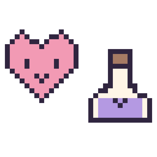 Modèle de pixel art Cœur kawaii 16 × 16 et Potion kawaii 16 × 16 sur une grille de 32 par 32 cases