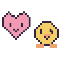 Pixel art Cœur kawaii 16 × 16 et Poussin kawaii 16 × 16, grille 32 × 32