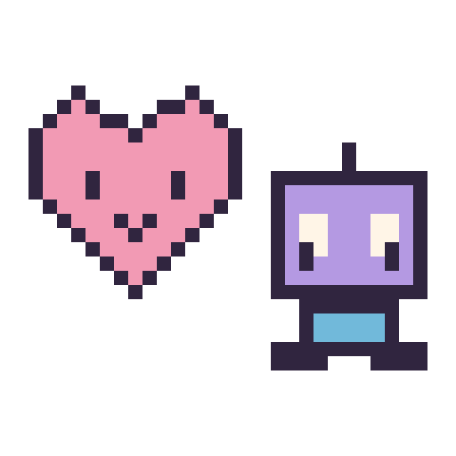 Modèle de pixel art Cœur kawaii 16 × 16 et Robot kawaii 16 × 16 sur une grille de 32 par 32 cases