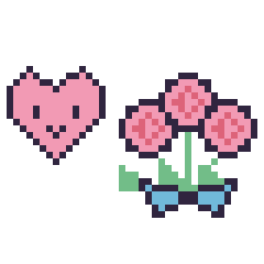 Pixel art Cœur kawaii 16 × 16 et Rose en bouquet, grille 40 × 40