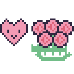 Pixel art Cœur kawaii 16 × 16 et Rose en couronne, grille 40 × 40