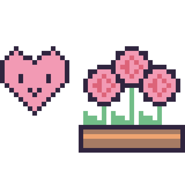 Modèle de pixel art Cœur kawaii 16 × 16 et Rose en jardinière sur une grille de 40 par 40 cases