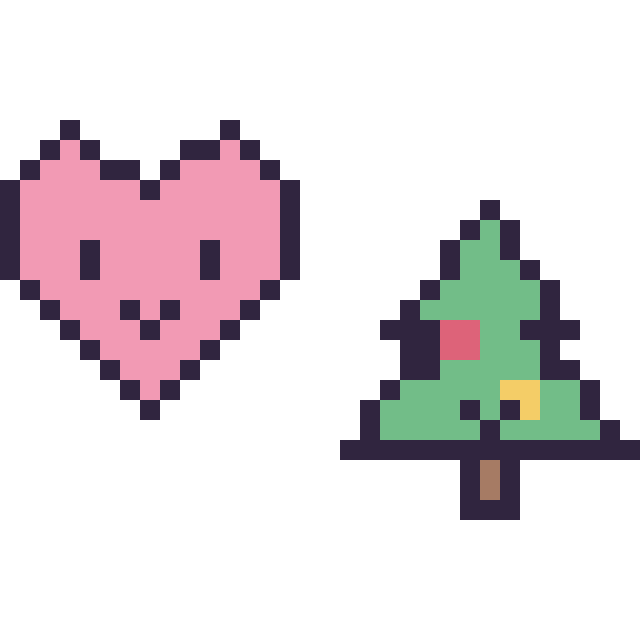 Modèle de pixel art Cœur kawaii 16 × 16 et Sapin de Noël kawaii 16 × 16 sur une grille de 32 par 32 cases