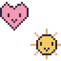 Pixel art Cœur kawaii 16 × 16 et Soleil kawaii 16 × 16, grille 32 × 32