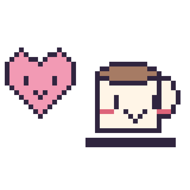 Modèle de pixel art Cœur kawaii 16 × 16 et Tasse de thé kawaii sur une grille de 40 par 40 cases