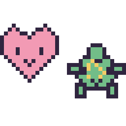 Pixel art Cœur kawaii 16 × 16 et Tortue kawaii 16 × 16, grille 32 × 32