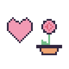 Pixel art Cœur simple 16 × 16 et Rose en pot, grille 40 × 40