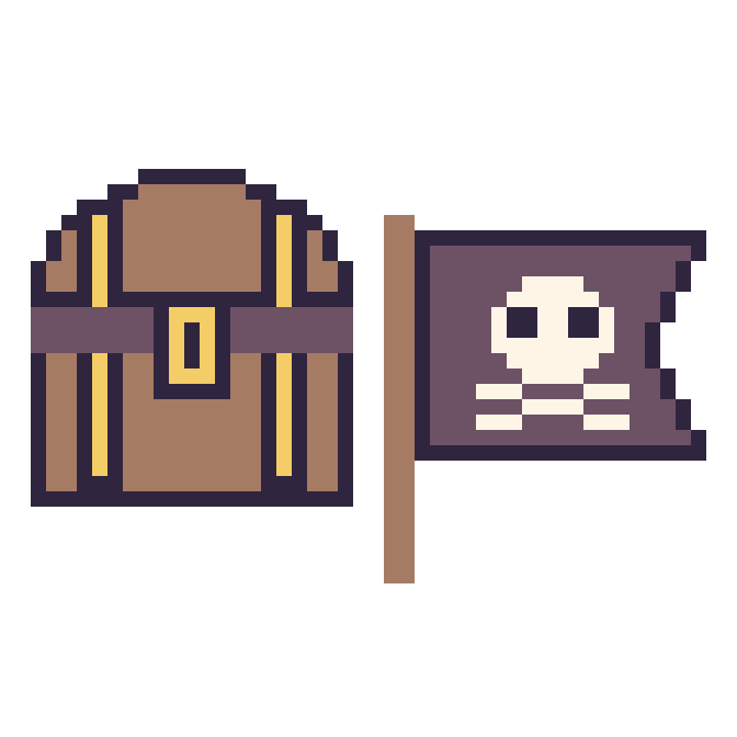 Modèle de pixel art Coffre de pirate et Drapeau pirate sur une grille de 48 par 48 cases