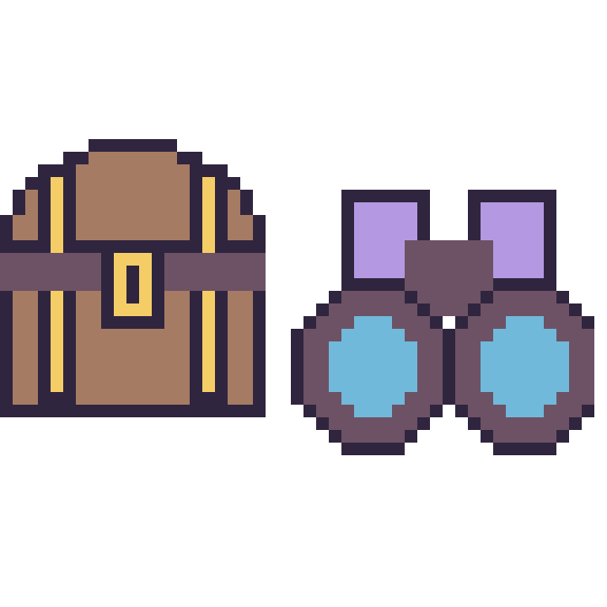 Modèle de pixel art Coffre de pirate et Jumelles sur une grille de 48 par 48 cases