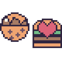Pixel art Cookie au chocolat et Burger avec un cœur, grille 40 × 40