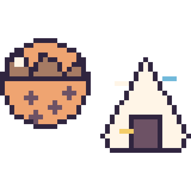 Modèle de pixel art Cookie au chocolat et Onigiri décoré sur une grille de 40 par 40 cases