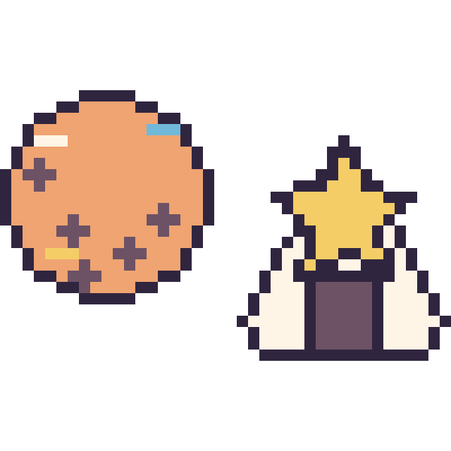 Modèle de pixel art Cookie décoré et Onigiri avec une étoile sur une grille de 40 par 40 cases
