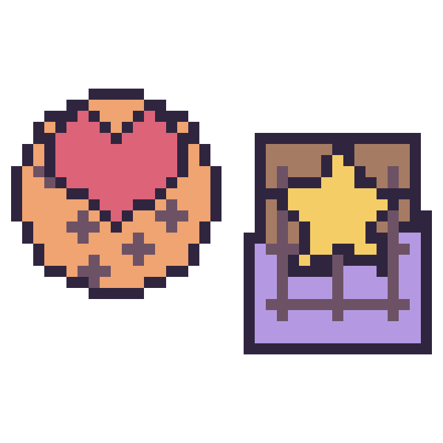 Modèle de pixel art Cookie avec un cœur et Chocolat avec une étoile sur une grille de 40 par 40 cases