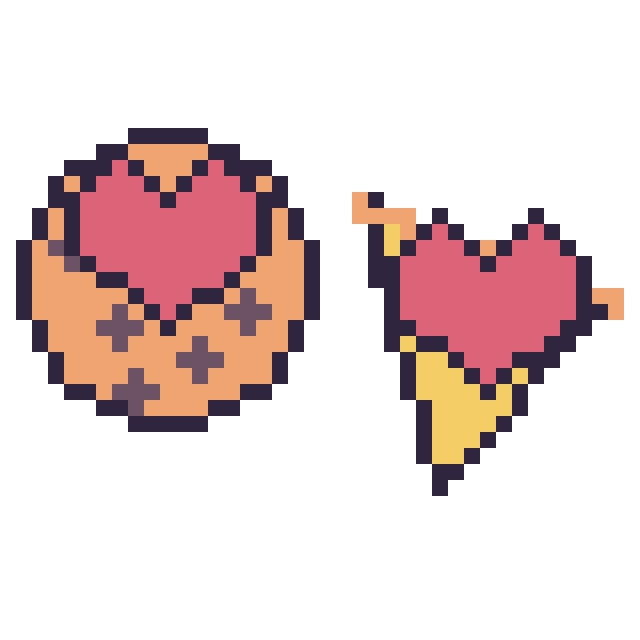 Modèle de pixel art Cookie avec un cœur et Pizza avec un cœur sur une grille de 40 par 40 cases