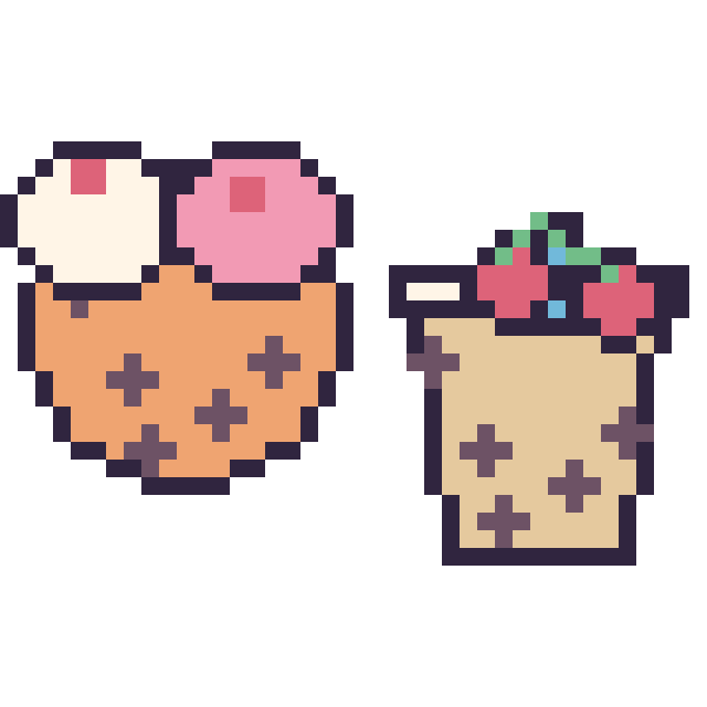 Modèle de pixel art Cookie double garniture et Boba avec des cerises sur une grille de 40 par 40 cases