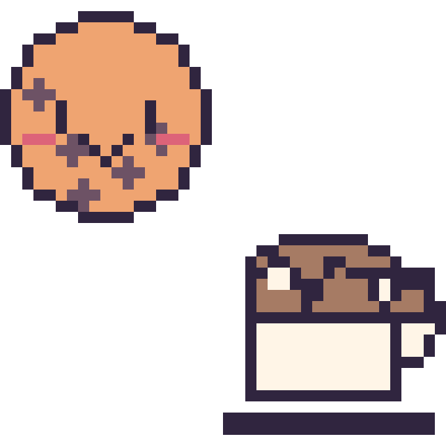 Modèle de pixel art Cookie kawaii et Tasse de thé au chocolat sur une grille de 40 par 40 cases