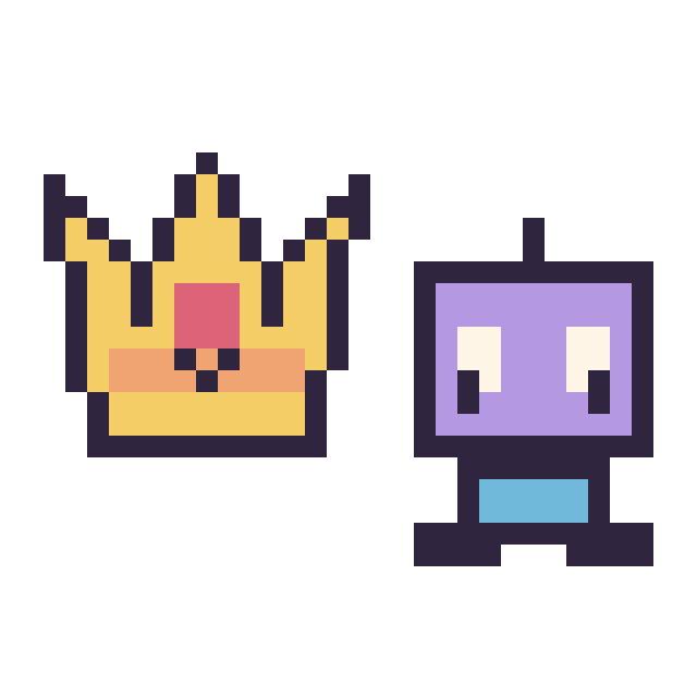 Modèle de pixel art Couronne kawaii 16 × 16 et Robot kawaii 16 × 16 sur une grille de 32 par 32 cases