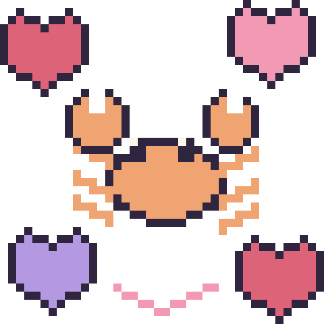Modèle de pixel art Crabe avec des cœurs sur une grille de 40 par 40 cases