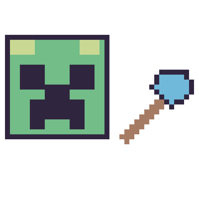 Modèle de pixel art Creeper et Pelle diamant Minecraft 16 × 16 sur une grille de 40 par 40 cases