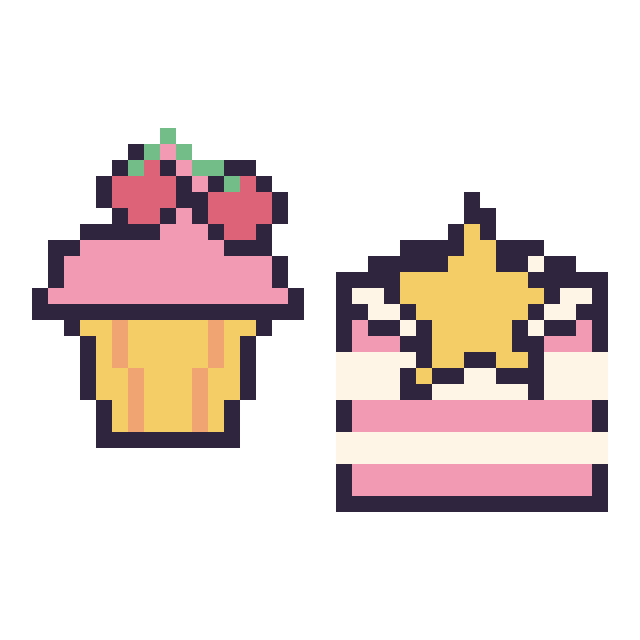 Modèle de pixel art Cupcake avec des cerises et Gâteau avec une étoile sur une grille de 40 par 40 cases