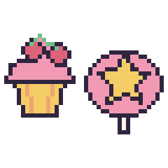 Pixel art Cupcake avec des cerises et Sucette avec une étoile, grille 40 × 40