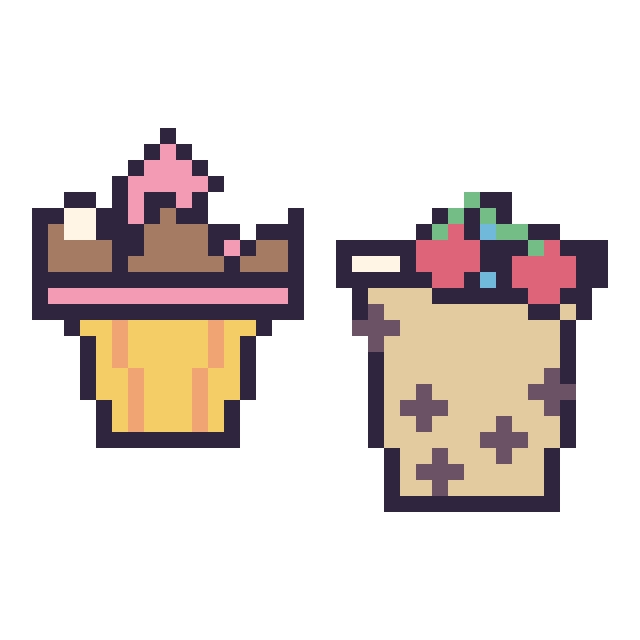 Modèle de pixel art Cupcake au chocolat et Boba avec des cerises sur une grille de 40 par 40 cases
