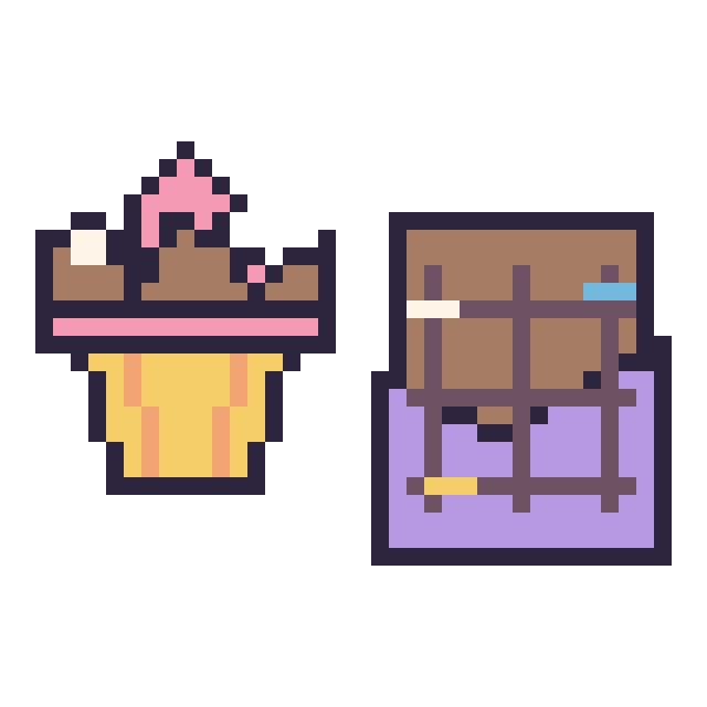 Modèle de pixel art Cupcake au chocolat et Chocolat décoré sur une grille de 40 par 40 cases