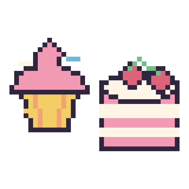 Modèle de pixel art Cupcake décoré et Gâteau avec des cerises sur une grille de 40 par 40 cases