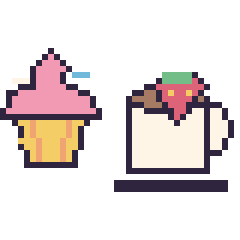 Pixel art Cupcake décoré et Tasse de thé avec une fraise, grille 40 × 40
