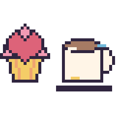 Pixel art Cupcake avec un cœur et Tasse de thé décoré, grille 40 × 40