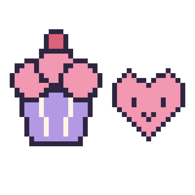 Modèle de pixel art Cupcake et Cœur kawaii 16 × 16 sur une grille de 40 par 40 cases