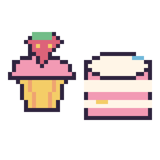 Modèle de pixel art Cupcake avec une fraise et Gâteau décoré sur une grille de 40 par 40 cases