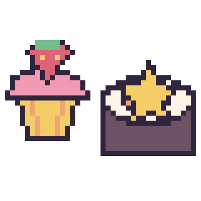 Modèle de pixel art Cupcake avec une fraise et Sushi avec une étoile sur une grille de 40 par 40 cases