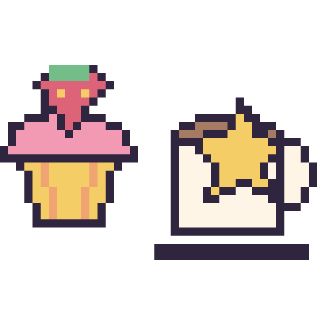 Modèle de pixel art Cupcake avec une fraise et Tasse de thé avec une étoile sur une grille de 40 par 40 cases