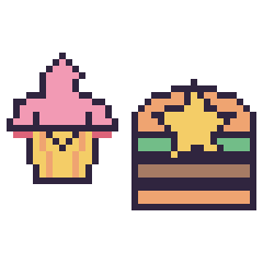 Pixel art Cupcake kawaii et Burger avec une étoile, grille 40 × 40