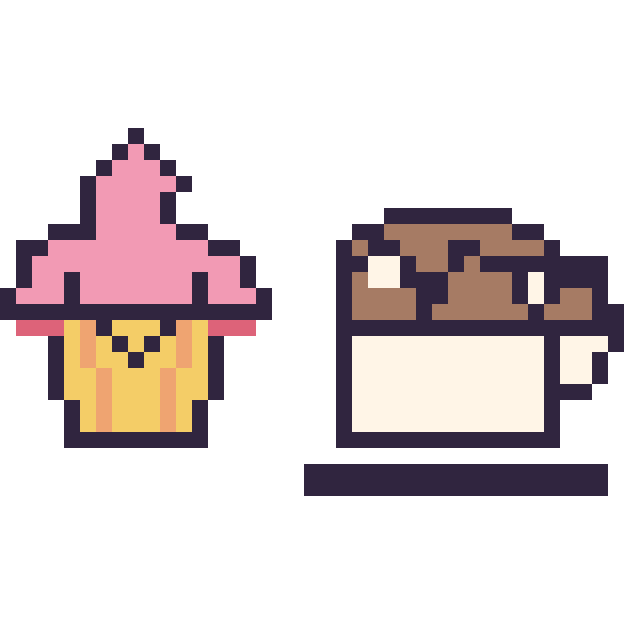 Modèle de pixel art Cupcake kawaii et Tasse de thé au chocolat sur une grille de 40 par 40 cases