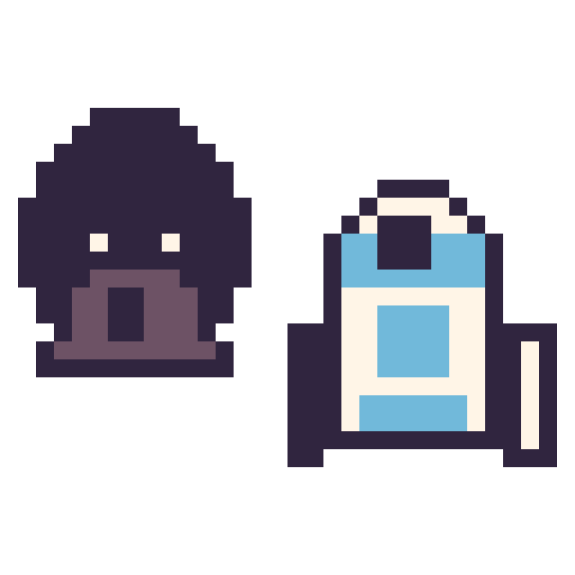 Modèle de pixel art Dark Vador mini et R2-D2 mini sur une grille de 32 par 32 cases