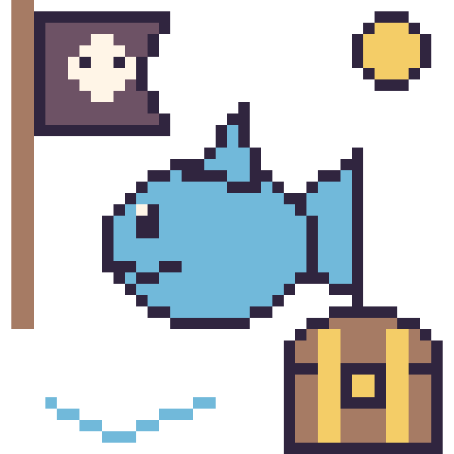 Modèle de pixel art Dauphin en aventure pirate sur une grille de 40 par 40 cases