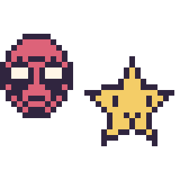 Pixel art Deadpool mini et Étoile kawaii 16 × 16, grille 32 × 32