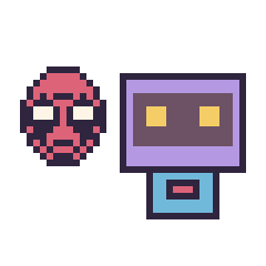 Pixel art Deadpool mini et Robot rétro, grille 40 × 40