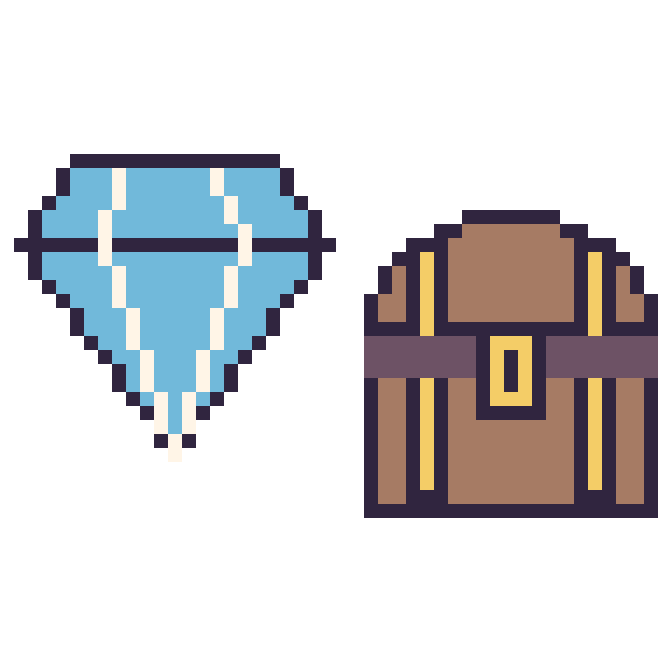 Modèle de pixel art Diamant et Coffre de pirate sur une grille de 48 par 48 cases