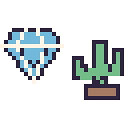 Pixel art Diamant kawaii 16 × 16 et Cactus kawaii 16 × 16, grille 32 × 32