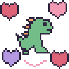 Pixel art Dinosaure avec des cœurs, grille 40 × 40