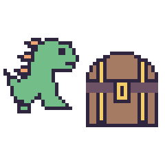 Pixel art Dinosaure et Coffre de pirate, grille 48 × 48