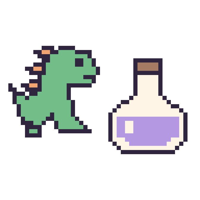 Modèle de pixel art Dinosaure et Potion sur une grille de 48 par 48 cases