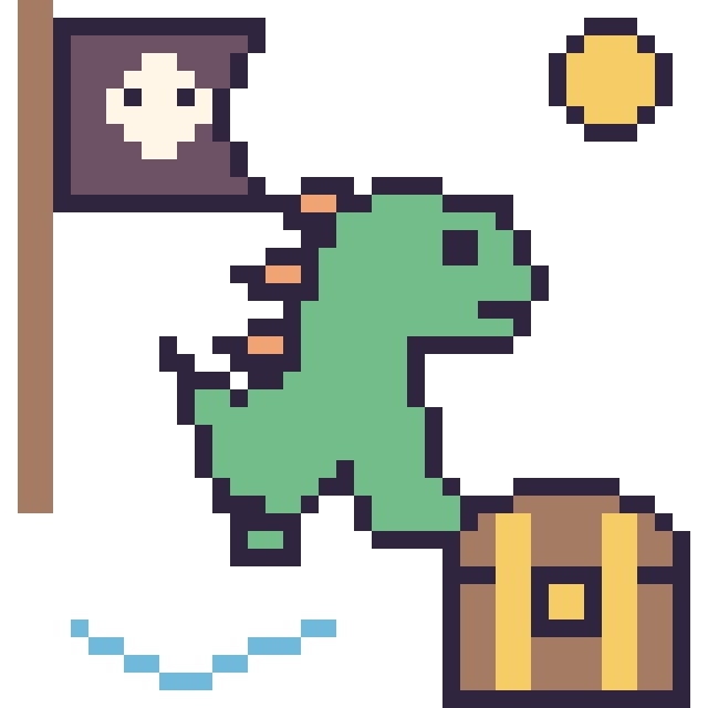 Modèle de pixel art Dinosaure en aventure pirate sur une grille de 40 par 40 cases
