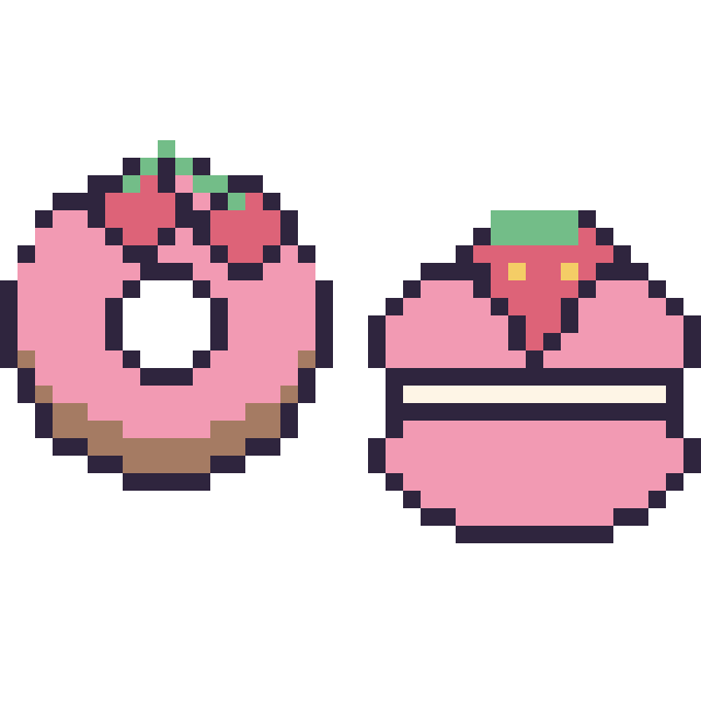 Modèle de pixel art Donut avec des cerises et Macaron avec une fraise sur une grille de 40 par 40 cases